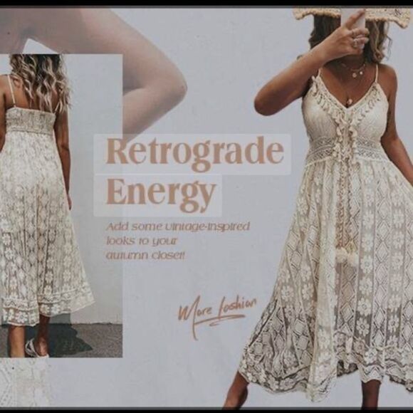 Dresses & Skirts - Women's Lace Hollow Out Tassel Trim V Neck Bohemian Maxi Dress XXL